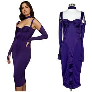 House of CB | Talika Purple Grape Corset Satin Mesh Sexy Cocktail Midi Dress M